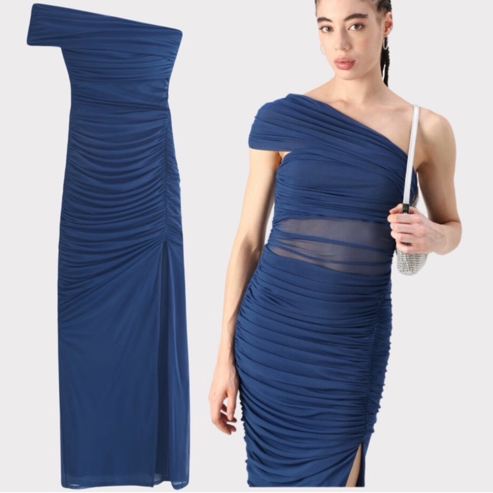 Abercrombie & Fitch Mesh Asymmetrical Off-The-Shoulder Draped Maxi Dress | LT